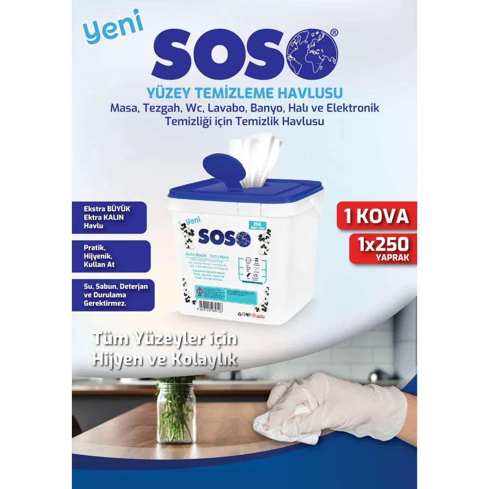 1 adet X 250 Yaprak - Soso Kova Beyaz Sabun Kokulu Sirkeli Karbonatlı Yüzey Temizleme Mendili