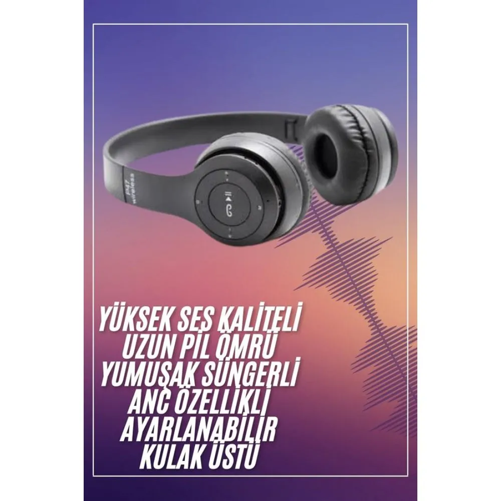 Bluetooth Kablosuz Kulaklık Siyah Wireless 5.0 Kulak Üstü Uzun Pil Ömrü