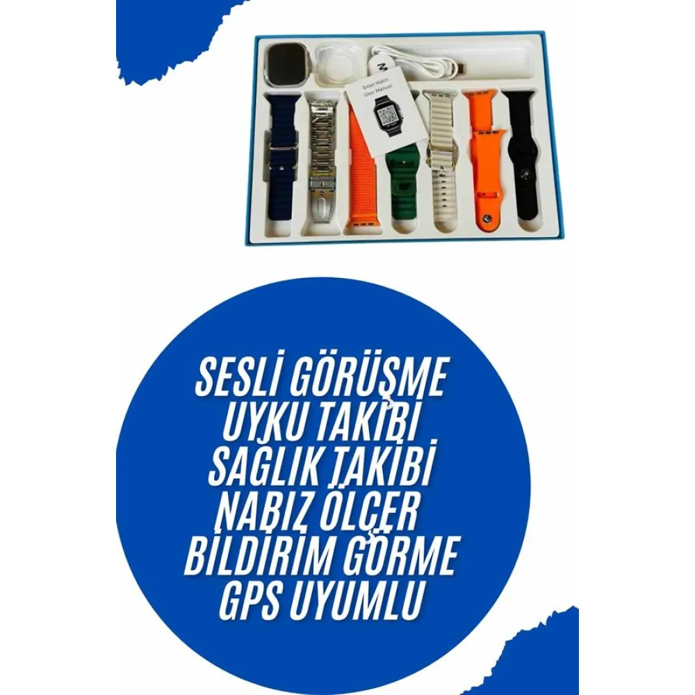 Akıllı Saat 7 Kordon Hediyeli Takvim Alarm Nabız Ölçer Bildirim Görme Sesli Görüşme