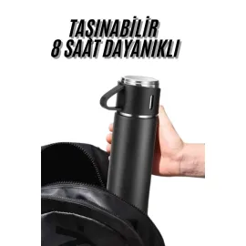 Termos Seti 3'lü Bardak Seti Isı Dayanıklı Siyah Paslanmaz Çelik Vakumlu