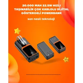 Powerbank 20000 mAh | 22.5W Hızlı Şarj, Dahili Kablolu, LCD Ekranlı Şarj Cihazı