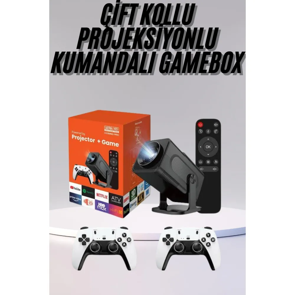 Çift Kollu Game Box Projeksiyon Cihazı Kumandalı Android Tv Dahili Hoparlör