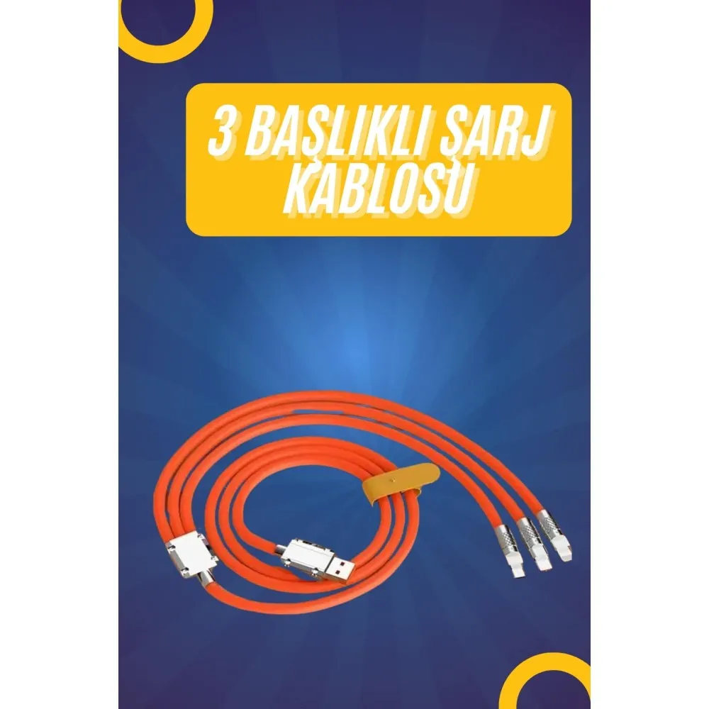 120W Silikon Metal Uçlu Led Işıklı 3 In1 Şarj Kablosu 1.2M