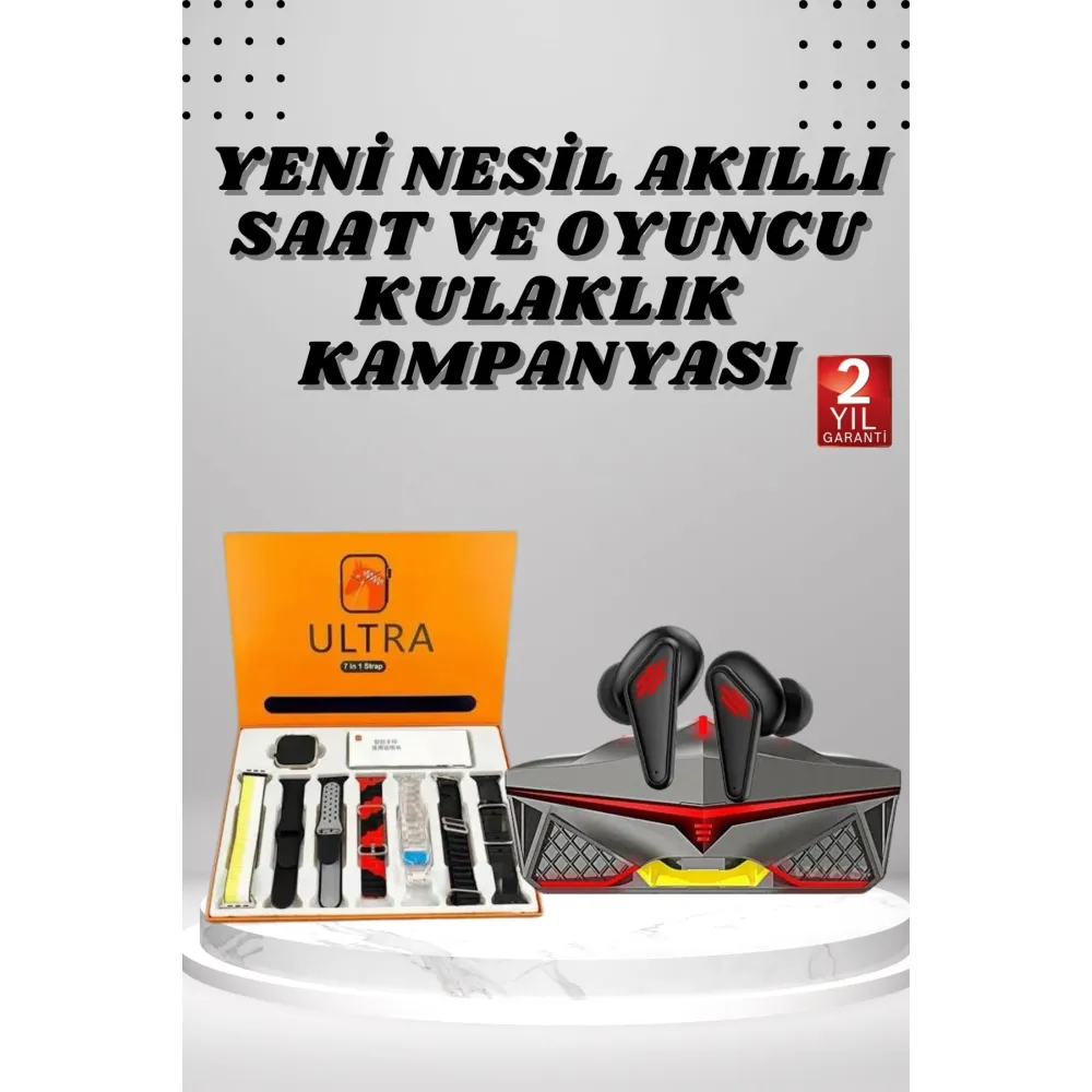 7 Kordonlu Akıllı Saat Ve Oyuncu Kulaklığı Bluetooth Bağlantılı Android Ve İos Uyumlu