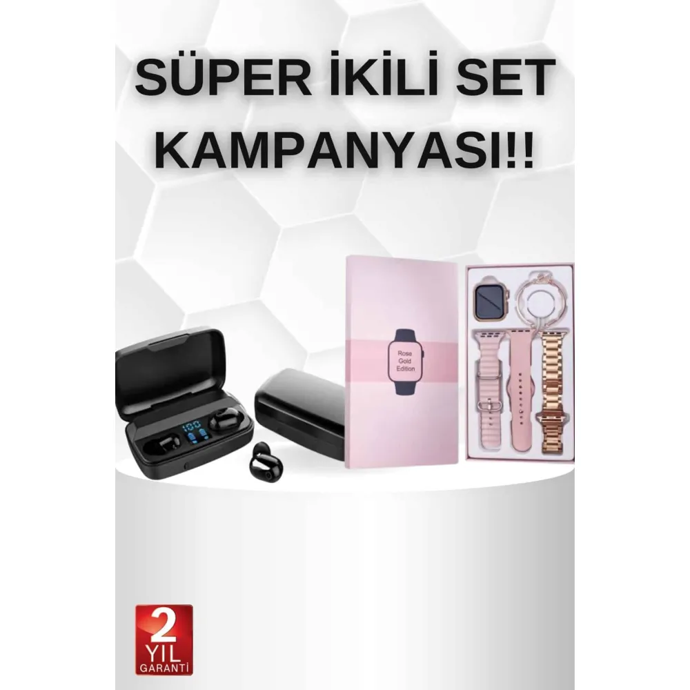 Wireless Şarjlı Pembe Akıllı Saat Ve Kablosuz Bluetooth Kulaklık Dokunmatik Kontrol