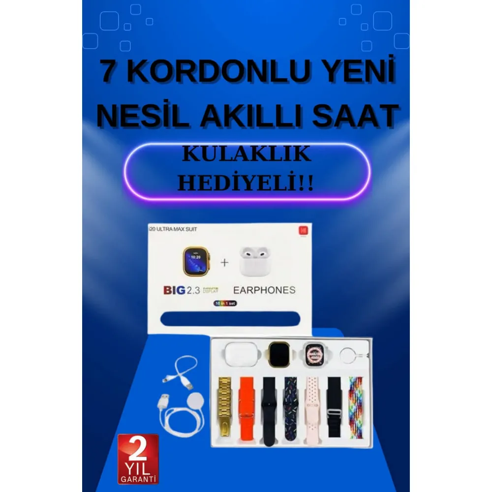 Akıllı Saat 7 Kordonlu Kulaklık Hediyeli Nabız Ölçer Uyku Takibi Sesli Görüşme