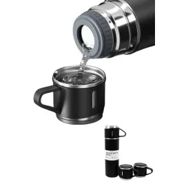 Termos Paslanmaz Çelik Termos Siyah Renk 3 Bardaklı Termos Seti