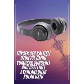 Bluetooth Kablosuz Kulaklık Siyah Wireless 5.0 Kulak Üstü Uzun Pil Ömrü