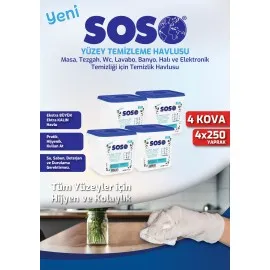 4 Adet X 250 Yaprak - Soso Kova Beyaz Sabun Kokulu Sirkeli Karbonatlı Yüzey Temizleme Mendili