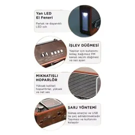 Vintage Nostaljik Radyo Aux Usb Sd Kart Girişli Şarjlı Bluetooth Bağlantılı