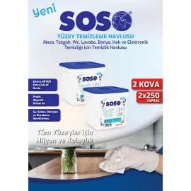 2 adet X 250 Yaprak - Soso Kova Beyaz Sabun Kokulu Sirkeli Karbonatlı Yüzey Temizleme Mendili