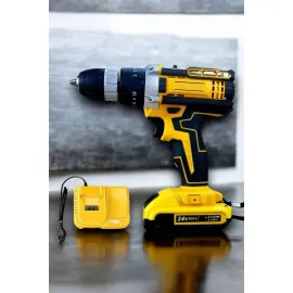 Çift Bataryalı Metal Dişli Darbeli Şarjlı Matkap Seti 24W Güç ve 24 Parça Aksesuar