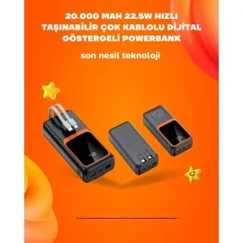 Powerbank 20000 Mah | 22.5W Hızlı Şarj, Dahili Kablolu, Lcd Ekranlı Şarj Cihazı
