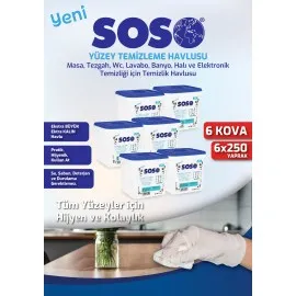 6 Adet X 250 Yaprak - Soso Kova Beyaz Sabun Kokulu Sirkeli Karbonatlı Yüzey Temizleme Mendili