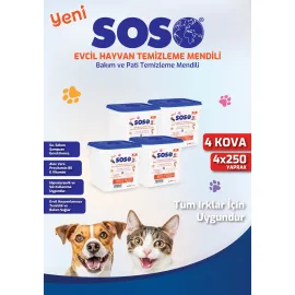 4 adet X 250 Yaprak - Soso Kova Evcil Hayvan Kedi Köpek Pati ve Vücut Temizleme Mendili
