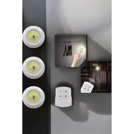 Spot Lamba Led Işık 3'lü Uzaktan Kumandalı Pilli Yapışkanlı Kablosuz