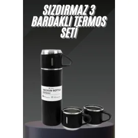 Termos Seti Paslanmaz Çelik 3 Bardaklı Vakumlu Termos Set 500 Ml 12 Saate Kadar Isı Koruma