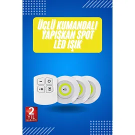 Yapışkanlı 3'lü Spot Led Işık Lamba Montajsız Pilli Uzaktan Kumandalı
