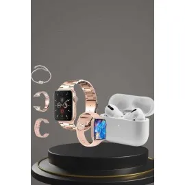 3 Kordonlu Pembe Amoled Ekran Akıllı Saat Ve Yeni Nesil Pro Kablosuz Bluetooth Kulaklık Anc/enc