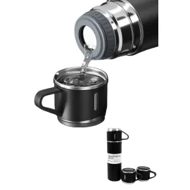 Termos Paslanmaz Çelik Termos Siyah Renk 3 Bardaklı Termos Seti