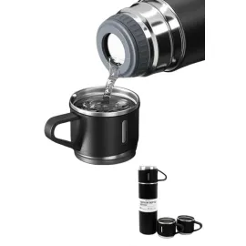 Termos Paslanmaz Çelik Termos Siyah Renk 3 Bardaklı Termos Seti