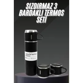 Termos Seti Paslanmaz Çelik 3 Bardaklı Vakumlu Termos Set 500 Ml 12 Saate Kadar Isı Koruma