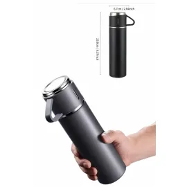 Termos Paslanmaz Çelik Termos Siyah Renk 3 Bardaklı Termos Seti