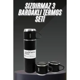 Termos Seti Paslanmaz Çelik 3 Bardaklı Vakumlu Termos Set 500 Ml 12 Saate Kadar Isı Koruma
