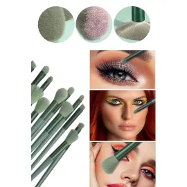 Makyaj Fırça Seti Yeşil 13 Parça Fondöten Fırçası Allık Fırçası Far Fırçası