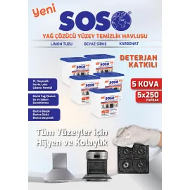 5 adet X 250 Yaprak - Soso Özel Formüllü Kova Yağ Çözücü Yüzey Temizleme Mendili