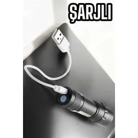 Şarjlı Metal Zoomlu El Feneri Işıldak Led Işık Taşınabilir El Lambası