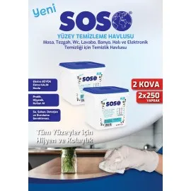 2 Adet X 250 Yaprak - Soso Kova Beyaz Sabun Kokulu Sirkeli Karbonatlı Yüzey Temizleme Mendili