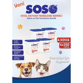 4 Adet X 250 Yaprak - Soso Kova Evcil Hayvan Kedi Köpek Pati Ve Vücut Temizleme Mendili