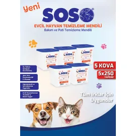 5 adet X 250 Yaprak - Soso Kova Evcil Hayvan Kedi Köpek Pati ve Vücut Temizleme Mendili