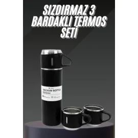 Termos Seti Paslanmaz Çelik 3 Bardaklı Vakumlu Termos Set 500 Ml 12 Saate Kadar Isı Koruma