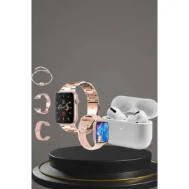 3 Kordonlu Pembe Amoled Ekran Akıllı Saat ve Yeni Nesil Pro Kablosuz Bluetooth Kulaklık ANC/ENC