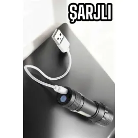 Şarjlı Metal Zoomlu El Feneri Işıldak Led Işık Taşınabilir El Lambası