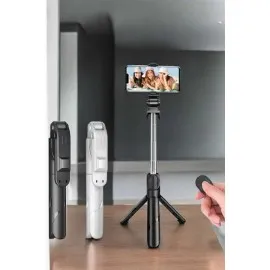 Selfie Çubuğu Tripod Kumandalı Telefon Tutucu Siyah