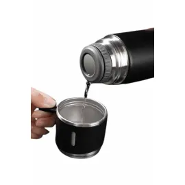 Termos Seti 3'lü Bardak Seti Isı Dayanıklı Siyah Paslanmaz Çelik Vakumlu