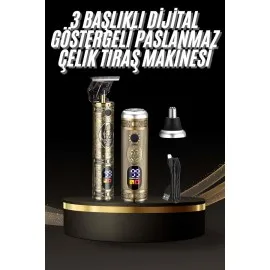 Tıraş Makinesi Pro 3 Başlıklı Dijital Göstergeli Saç Sakal Kulak ve Burun