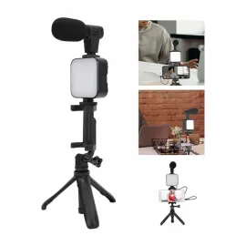 Tripod Telefon Tutucu Kumandalı Mikrofon Led Işık Vlog Video Kayıt