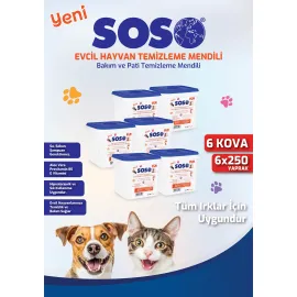 6 adet X 250 Yaprak - Soso Kova Evcil Hayvan Kedi Köpek Pati ve Vücut Temizleme Mendili