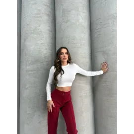 Önü Cumalı İthal Krep Pantolon Bordo (Beden: M)