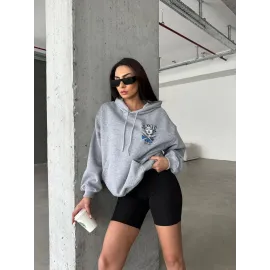 3 İplik Şardonlu Oversize Kafa Baskılı Sweat Gri (Beden: L)