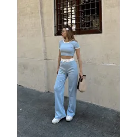 Crop Pantolon Biyeli Takım Mavi (Beden: S)