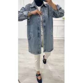 Taşlı Tunik Ceket Kar Yıkamalı Mavi D2516 (Beden: S/M)
