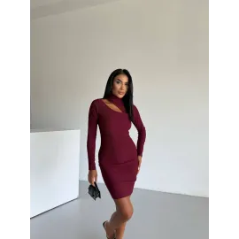 Boğazlı Gögüs Dekolteli Elbise Bordo F2333 (Beden: M)