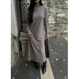 Boğazlı Kalın Bürümcük Uzun Elbise Vizon (Beden: S)