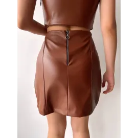 Beş Düğmeli Oval Deri Etek Kahve H240068 (Beden: S)