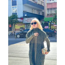 Siyah Çizgi Desenli Elbiseli Hırka Triko Takım Haki (Beden: Standart)